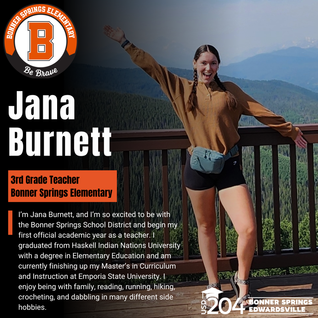 Woman smiling, arms outstretched, standing on deck. Text: "Jana Burnett, 3rd grade teacher, Bonner Springs Elementary."