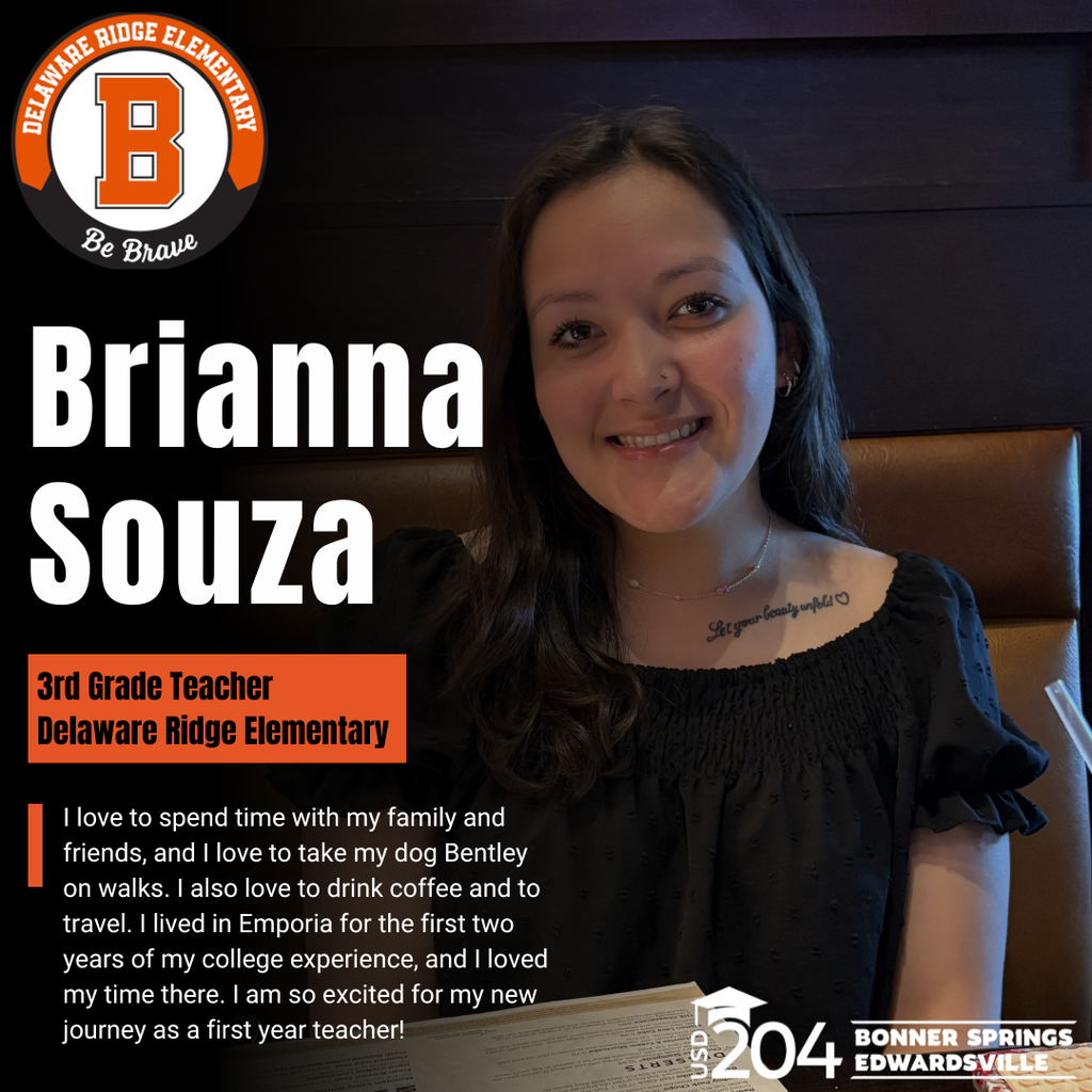 A smiling woman, Brianna Souza, sits with a dog and text about her role as a third-grade teacher.