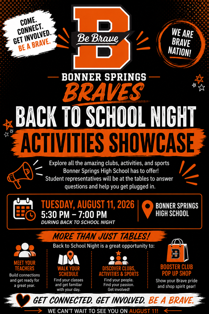 A poster advertises Bonner Springs Braves Back to School Night Activities on August 11, 2026.