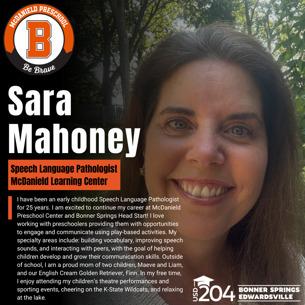 A smiling woman named Sara Mahoney, a Speech Language Pathologist, stands in a green space with a blue sky.