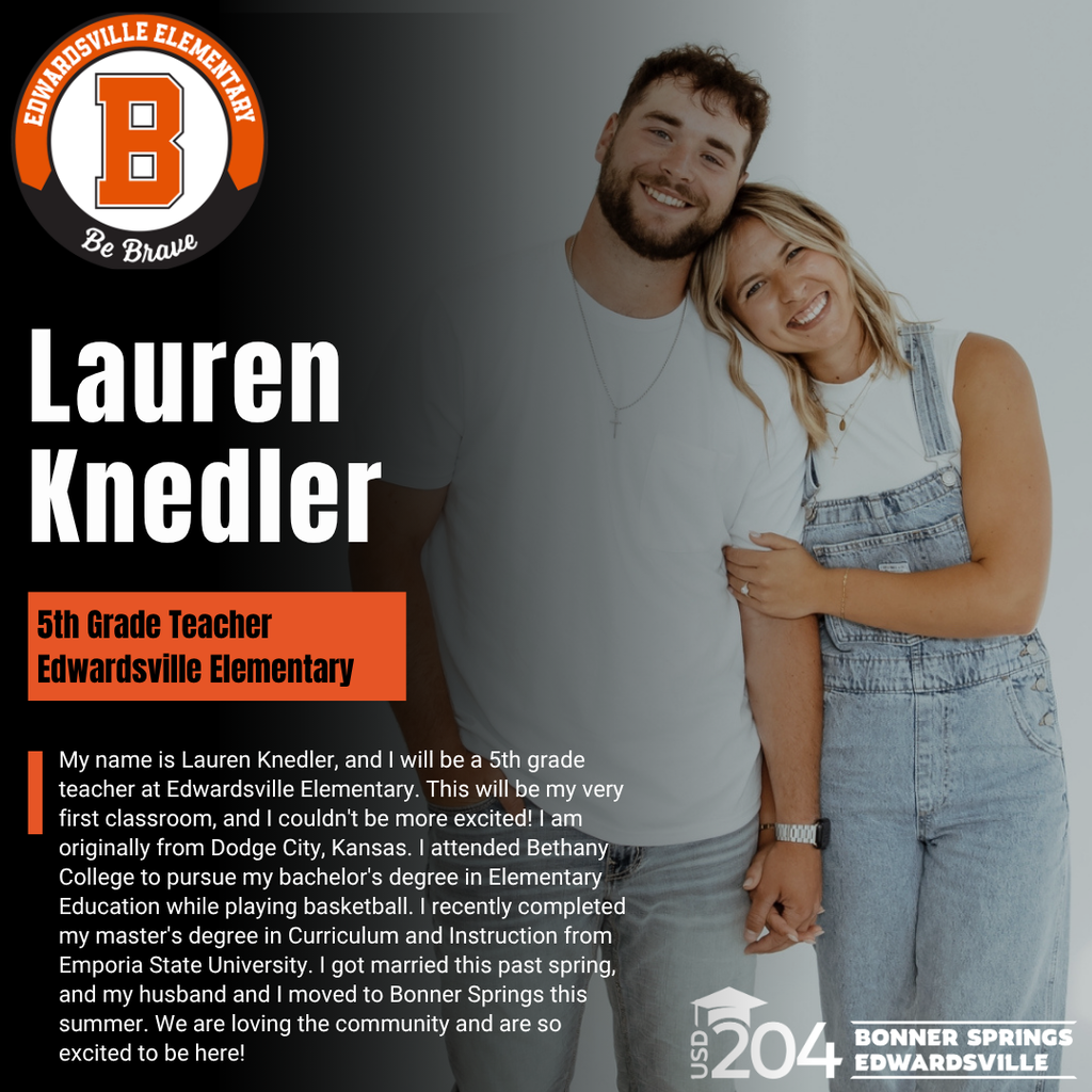 Text reads, "Lauren Knedler, 5th Grade Teacher at Edwardsville Elementary." A man and woman stand close, smiling.