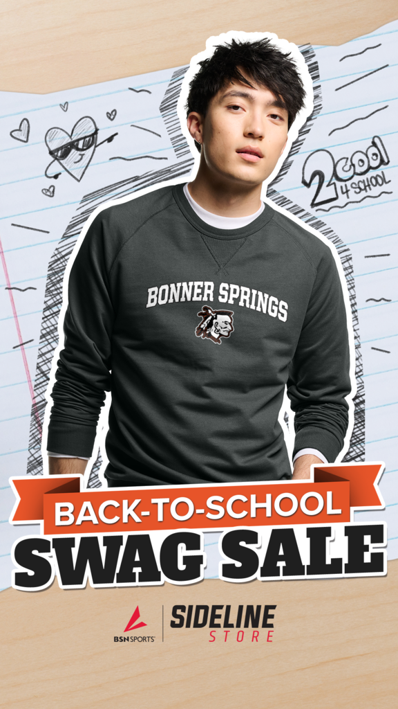 Man wearing a black long-sleeve shirt with Bonner Springs text and logo, on a paper background. Ad for a back-to-school swag sale.