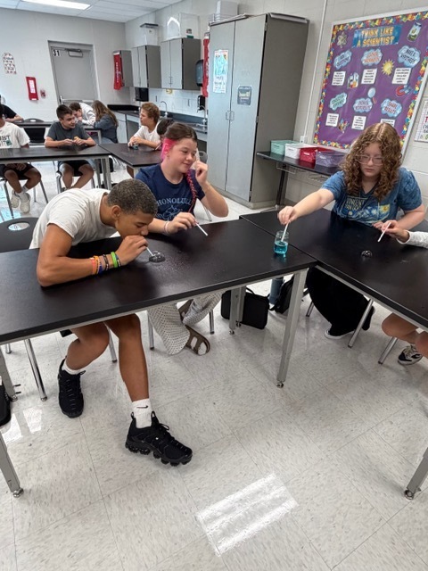 Students engage in a science experiment, seated at desks with lab equipment, in a classroom.