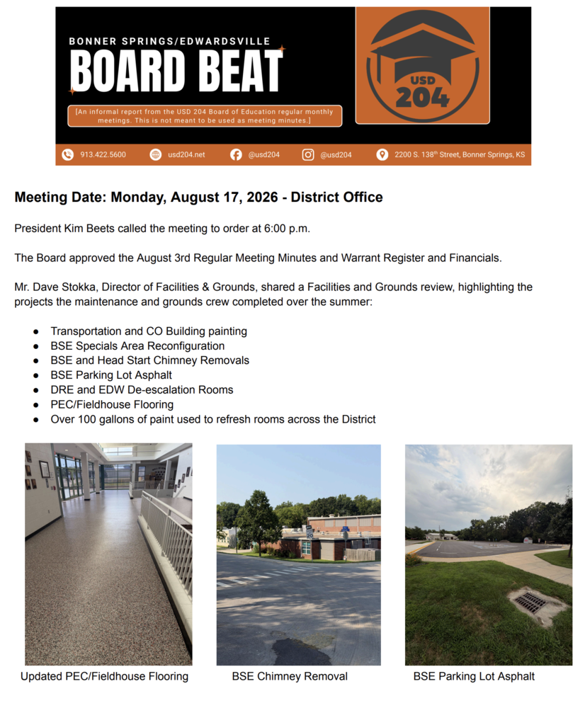 A flyer shows a meeting date, agenda, and summary of projects for the Bonner Springs/Edwardsville Board.
