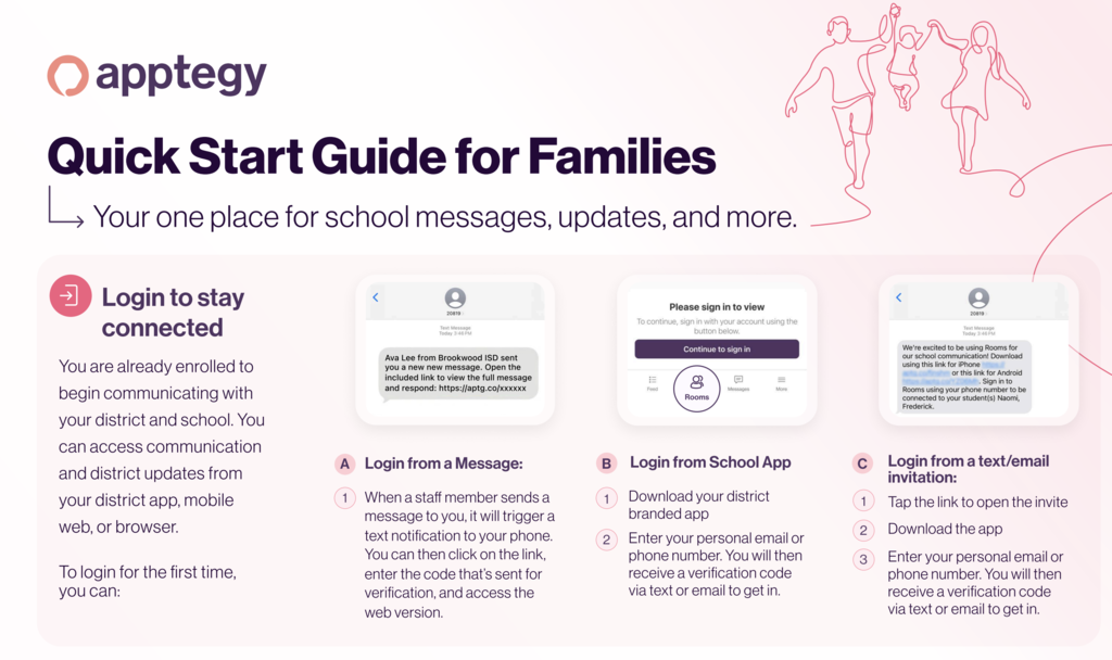 A guide with steps on how to access a communication app for schools, featuring icons, instructions, and a pink background.