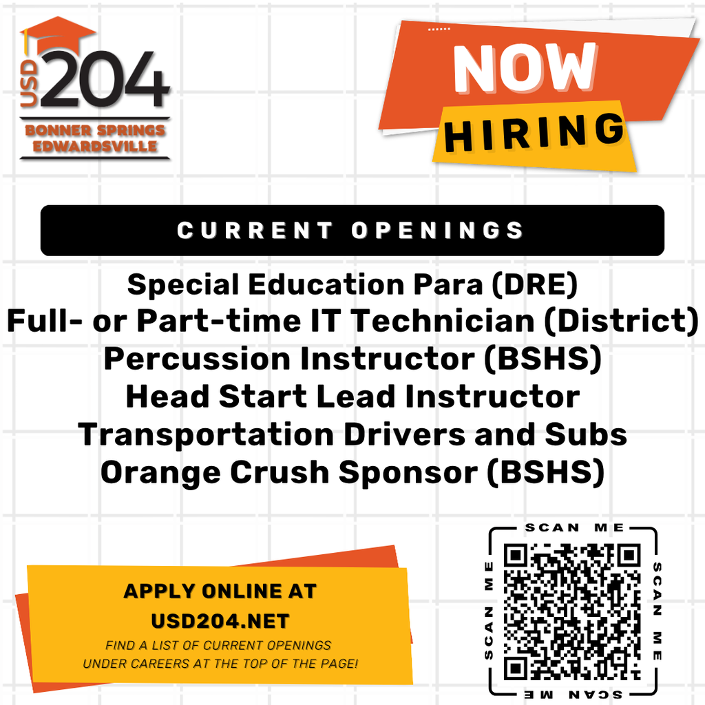 A recruitment flyer with a grid pattern. "NOW HIRING" is at the top. Below are job titles and a QR code.