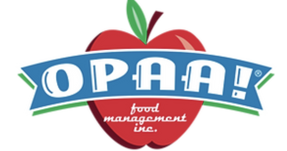 An apple logo with "OPAA!" in white and blue font. Below is "food management inc." in green.