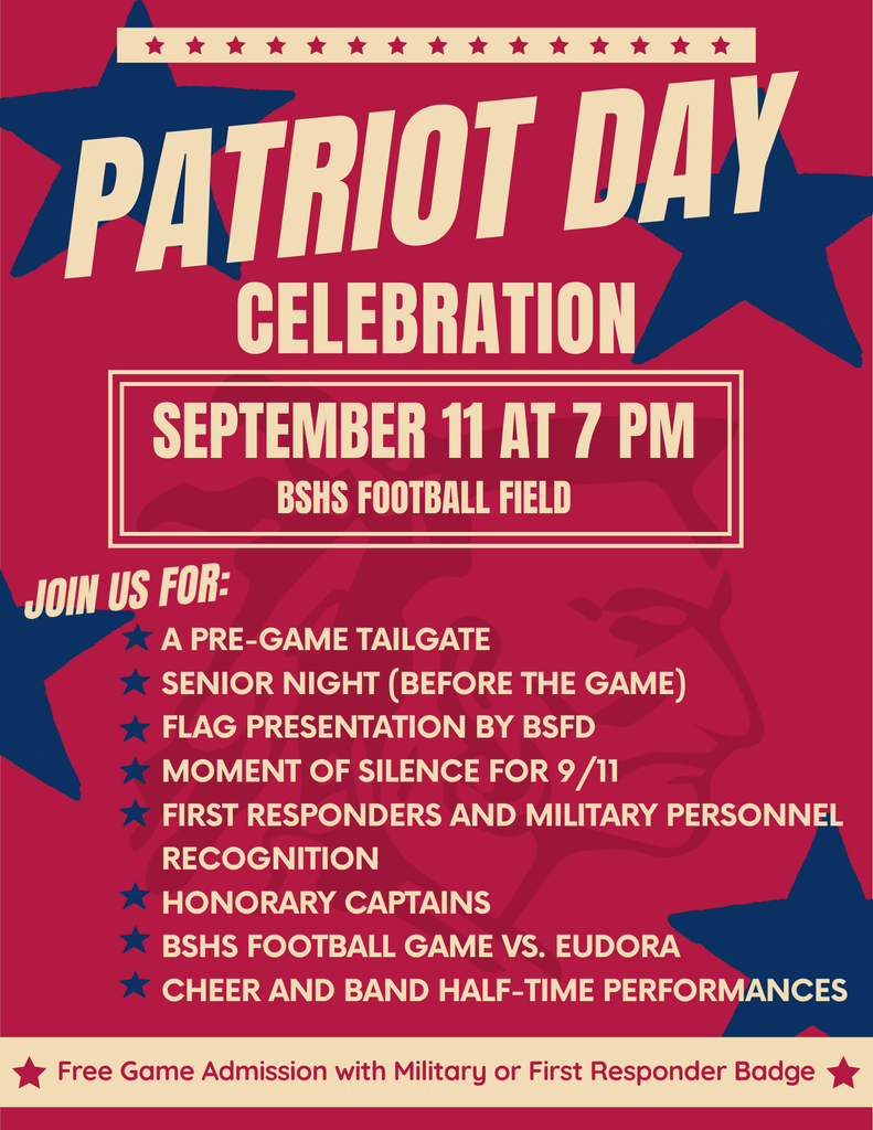 Red poster with white text. Text reads "Patriot Day Celebration" and "September 11 at 7 PM". Includes activities and free game admission.