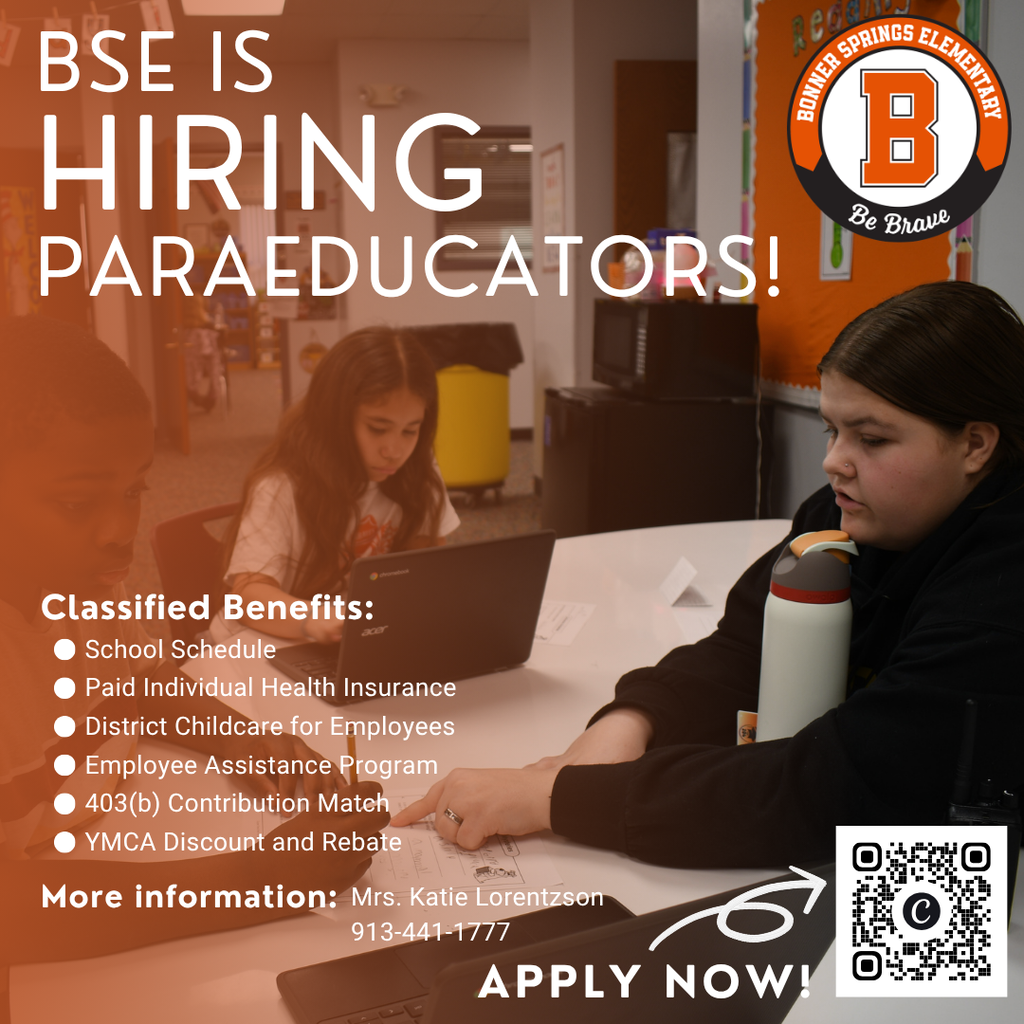 Ad for paraeducators with students using laptops. Benefits listed include school schedule, health insurance, and Ymca discounts.