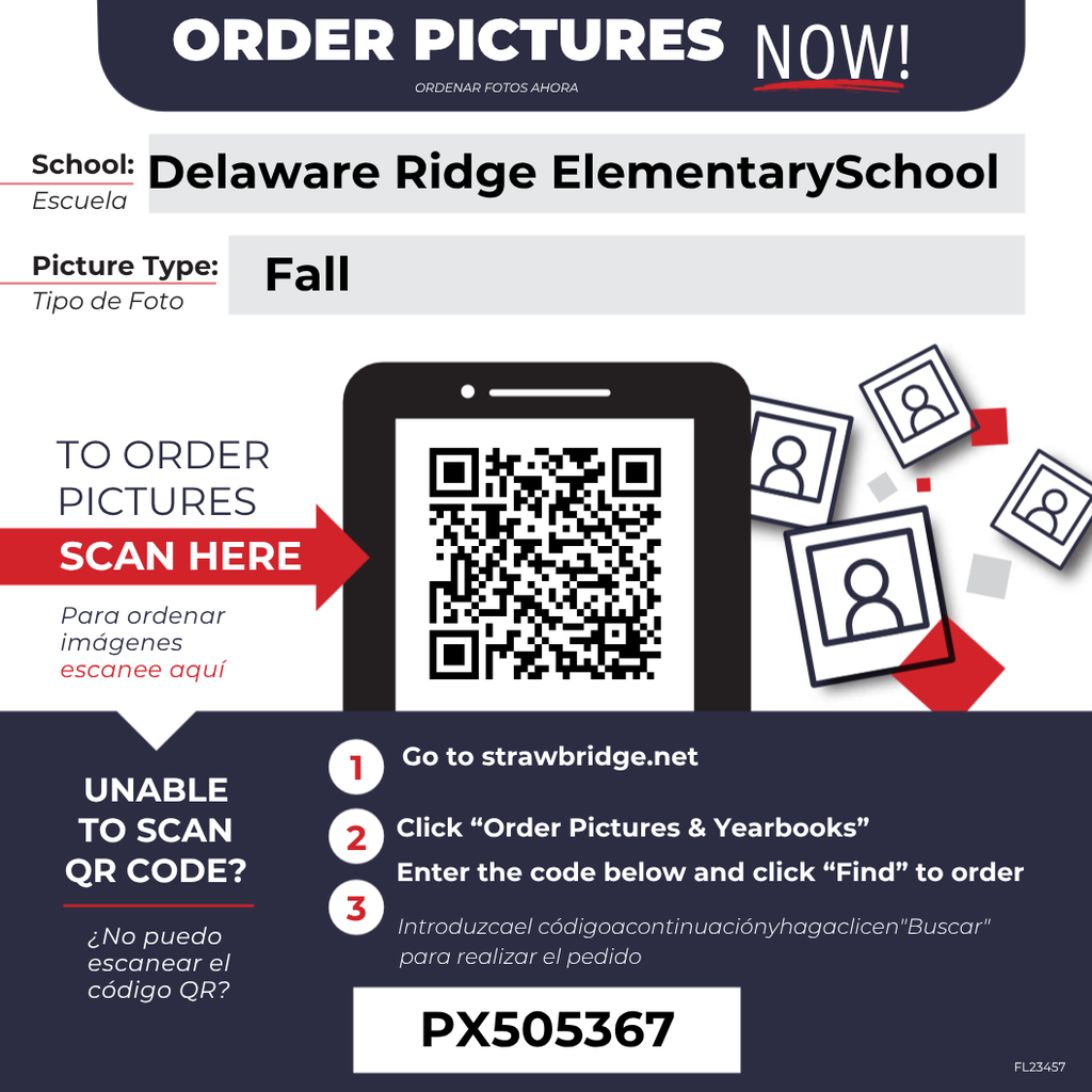 An advertisement poster for Delaware Ridge Elementary School Fall pictures. Instructions are given on how to order pictures.