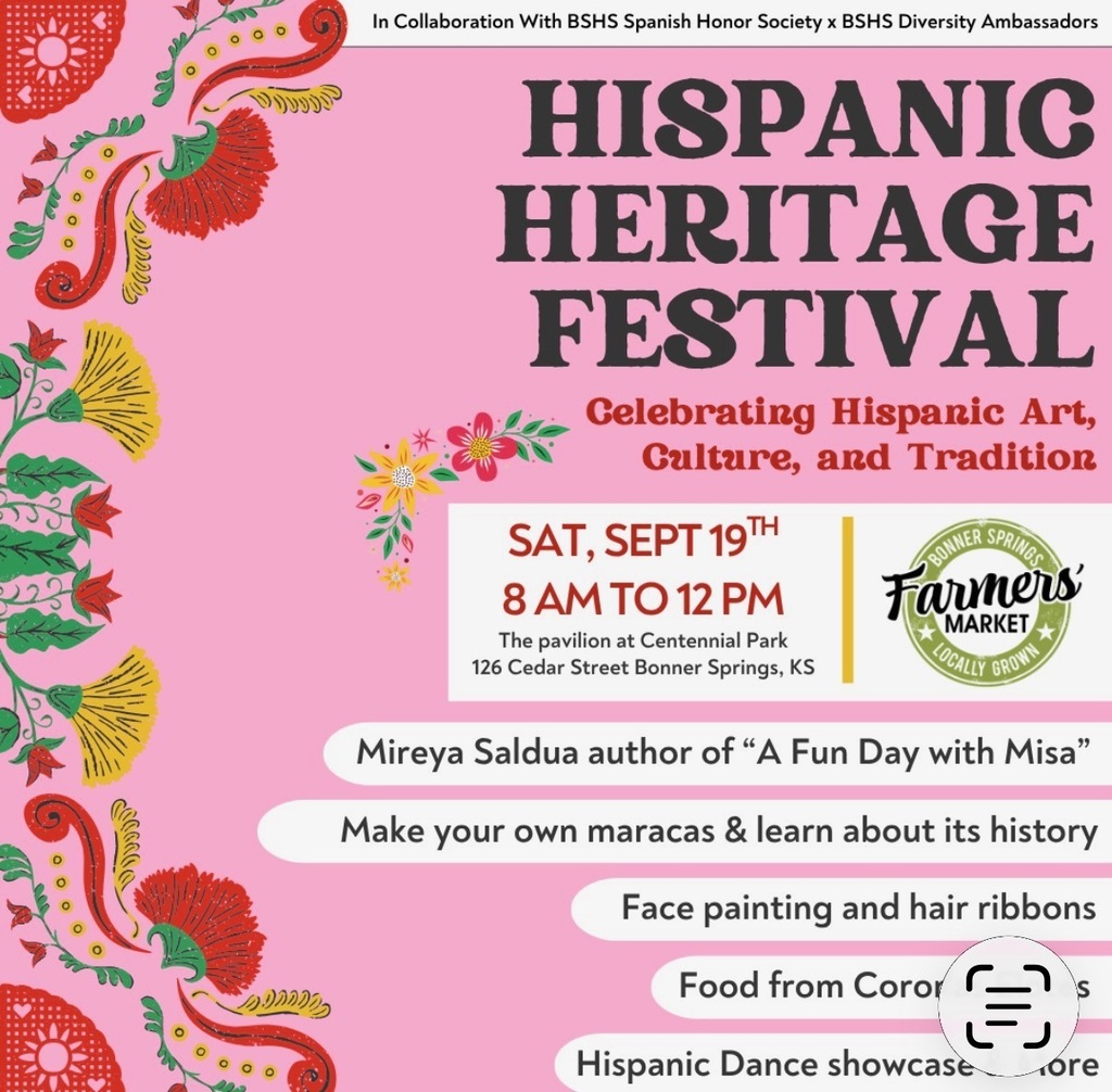 An event flyer features the date, time, and activities of the Hispanic Heritage Festival. It is pink with a floral design.