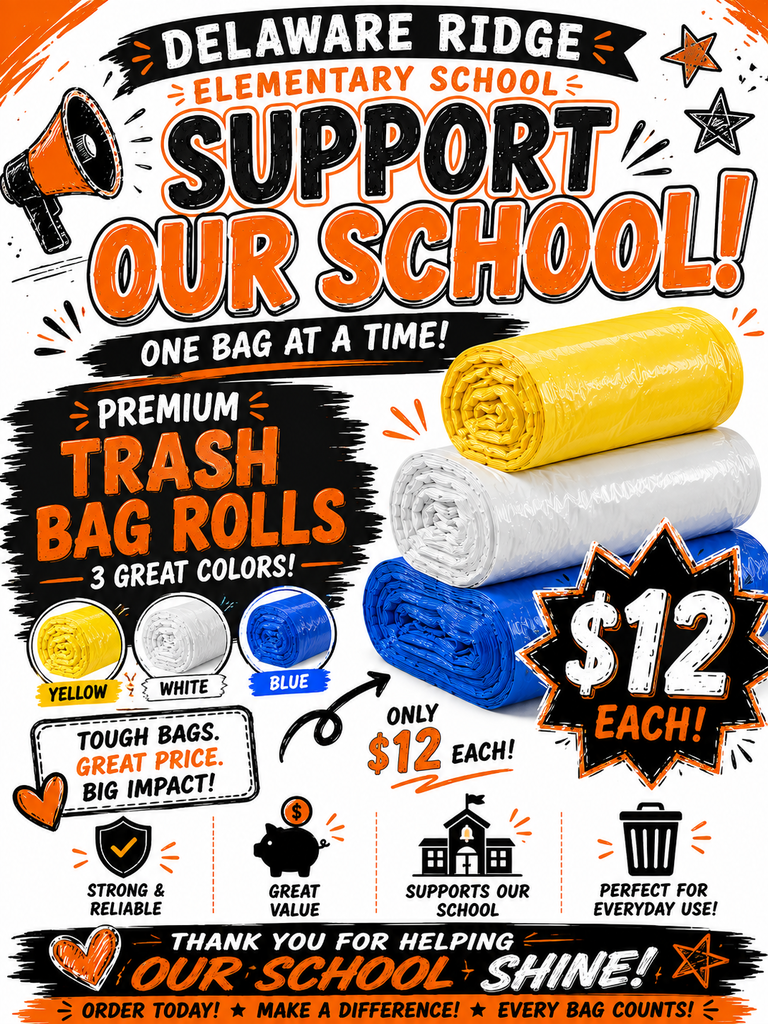 Poster with the title "Delaware Ridge Elementary School Support Our School!" It shows a stack of trash bags, a megaphone, and prices. Trash Bags are $12 per roll. You can pay with cash or check. 