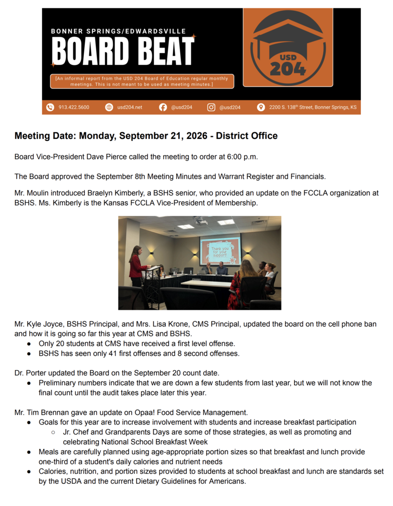 A newsletter includes a meeting date and updates from various school officials. An inset shows a woman at a presentation.