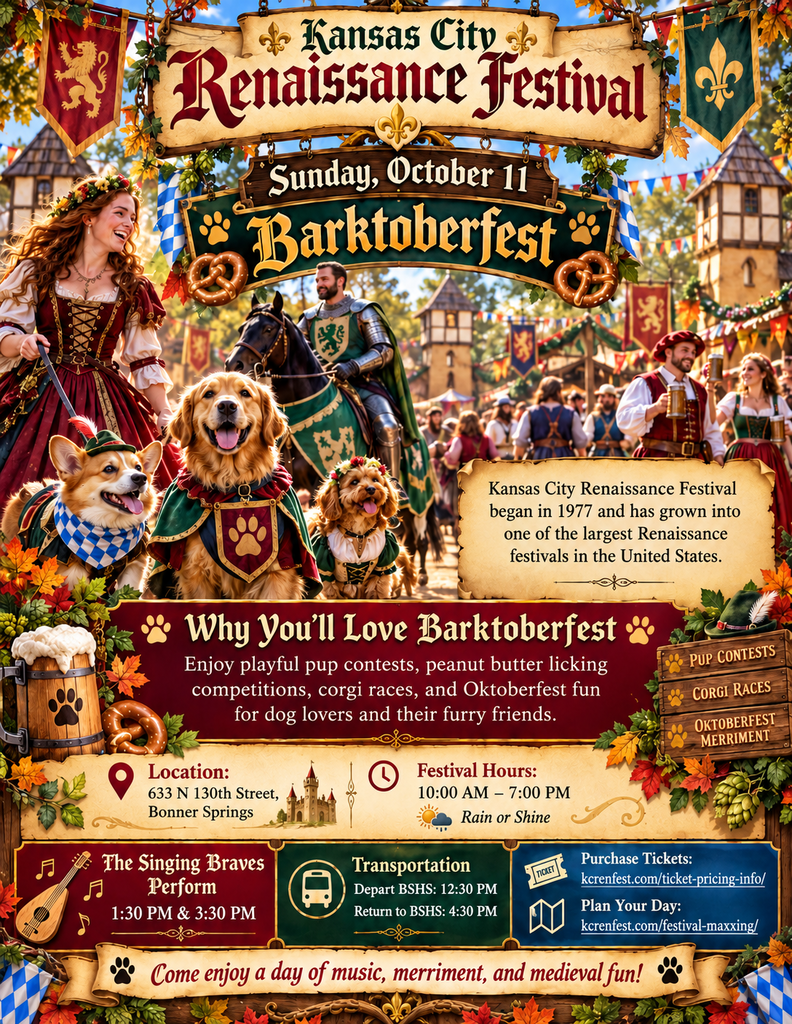 A flyer for the Kansas City Renaissance Festival's Barktoberfest features a woman, man, dogs, and medieval characters in costumes.