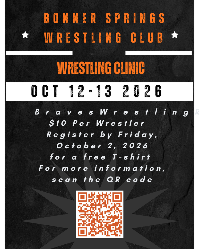 Black banner with white text. "Bonner Springs Wrestling Club" at top. QR code in center. "Wrestling Clinic" below. Date "Oct 12-13 2026" below that.