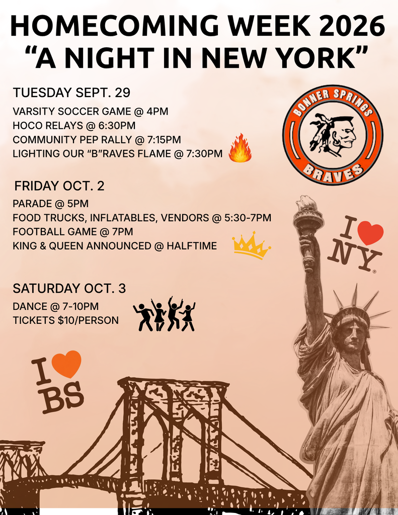 Event flyer for Homecoming Week 2026. A bridge, Statue of Liberty, and city skyline with the text "I ♥ BS".