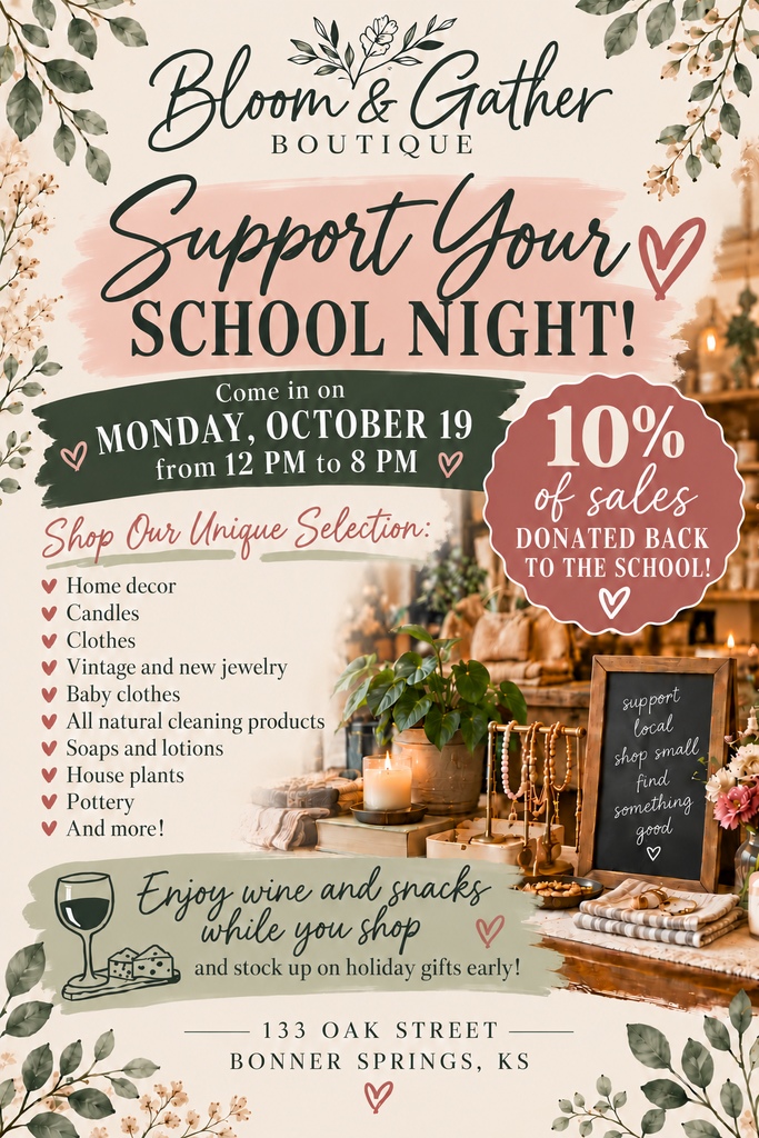 Event flyer with floral design. Items include candles, clothes, baby items, and more. Wine and snacks available.