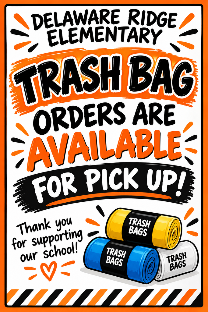 Poster with bold, colorful text and three trash bags. The top reads "Trash Bag Orders Are Available For Pick Up!" with an orange background.