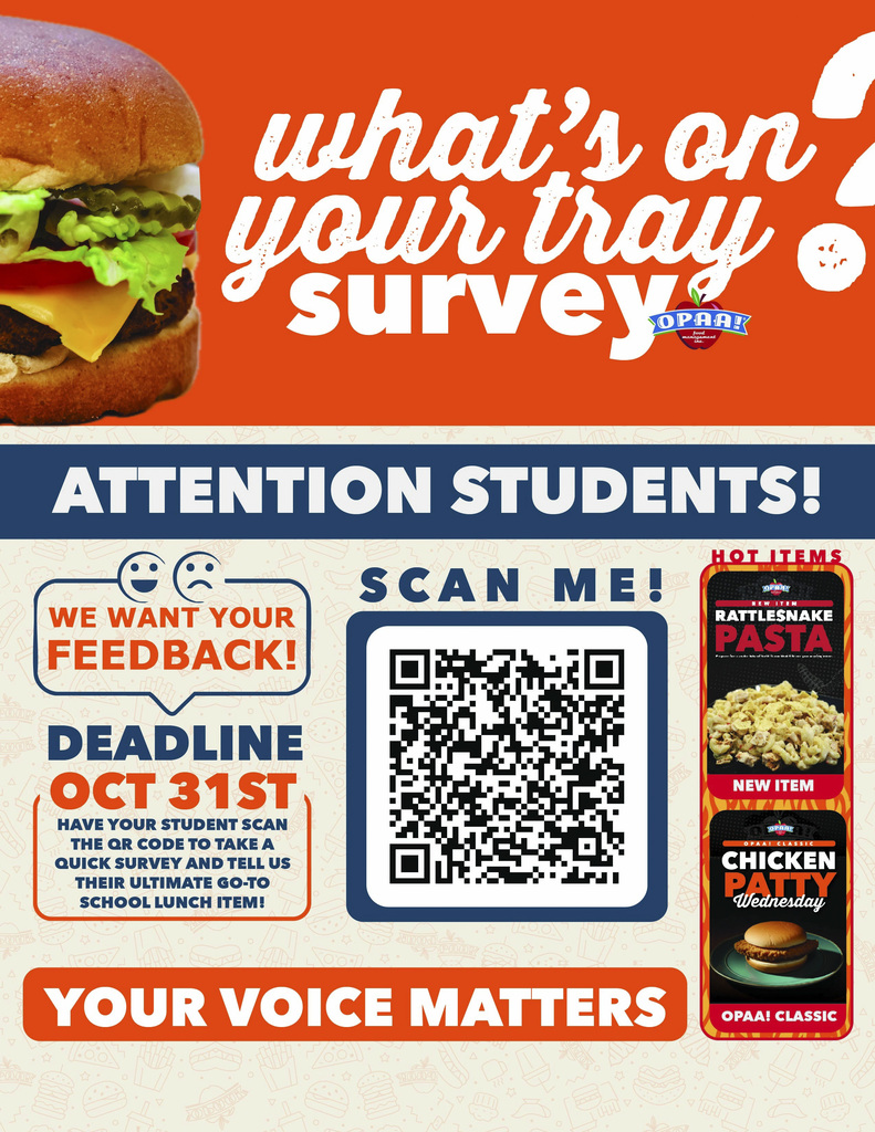 A menu item is displayed with a QR code. Text reads "What's on your tray survey?" and "We want your feedback."