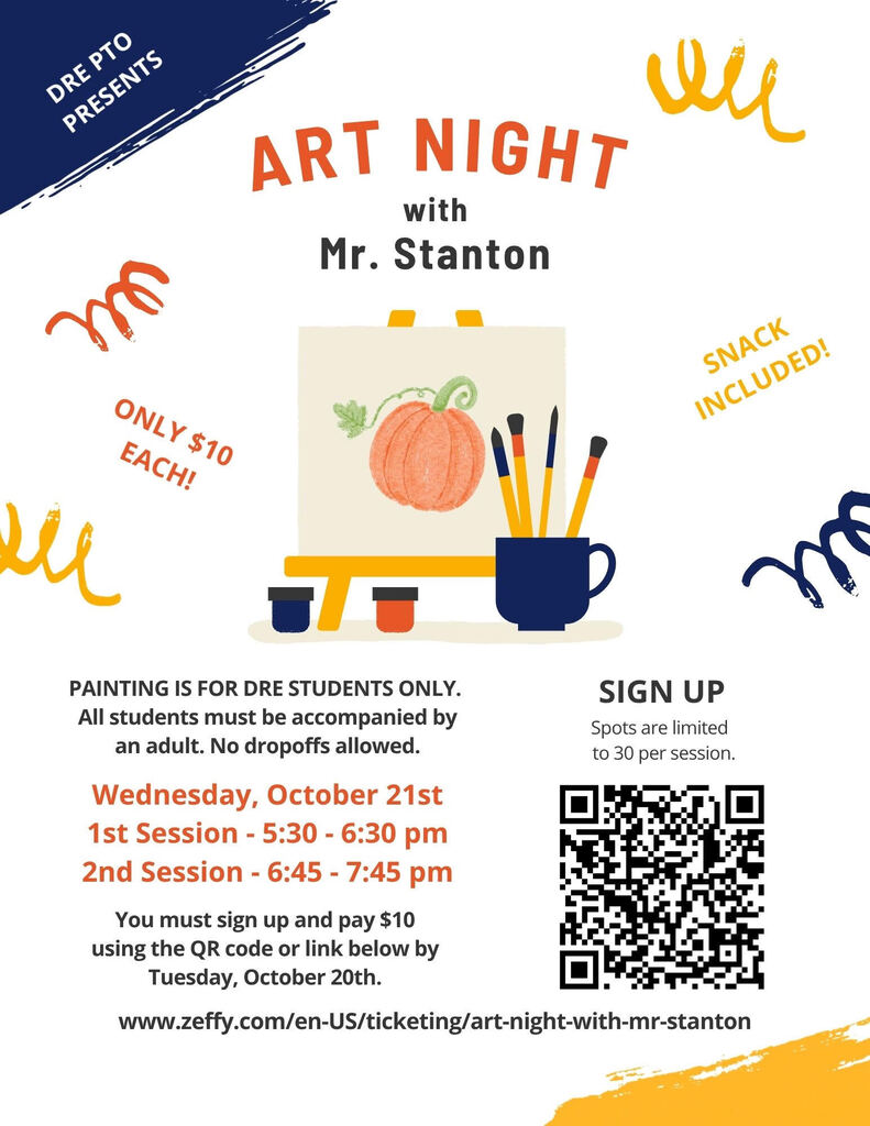 Art Night with Mr. Stanton. Pumpkin painting on an easel. Paintbrushes in a mug. QR code and payment link. Two time slots on Wednesday, October 21st. 5:30pm-6:30pm and 6:45pm-7:45pm.