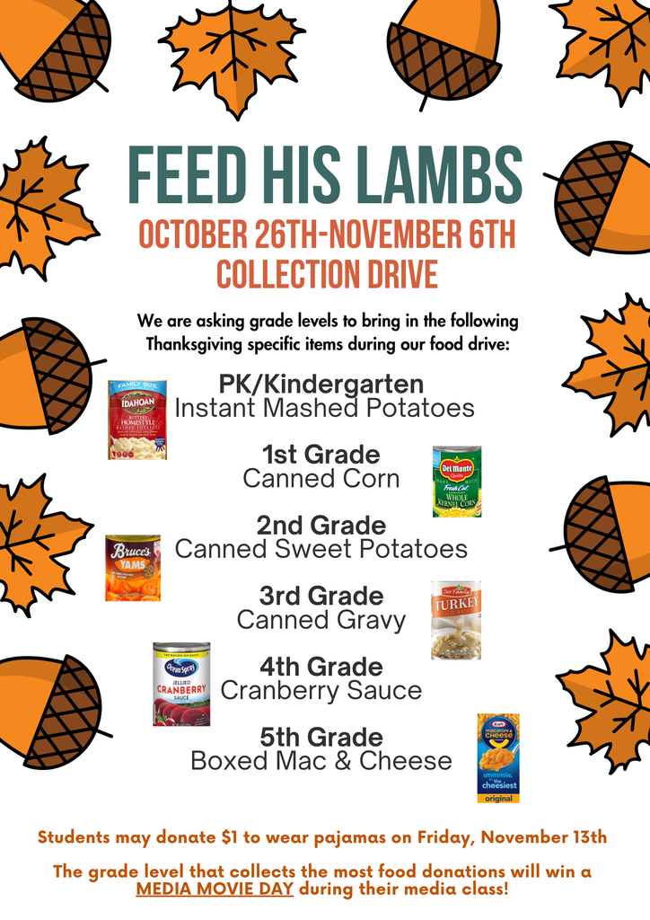 Poster for Feed His Lambs food drive with fall leaves. Grades PK-5th listed with food items.