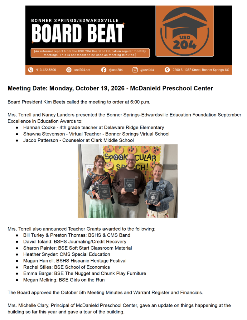 Document with 'BOARD BEAT' at top in orange and black. Text in white font lists meeting date and location. Three photos of adults holding awards, one with denim jacket.