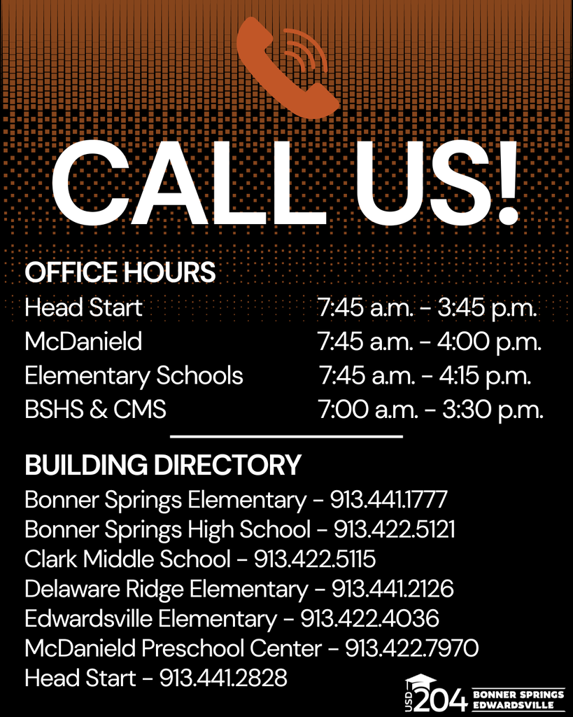 Black and red poster with white text. Header says "CALL US!" Below, white text reads "OFFICE HOURS" followed by listed school hours. Below that, white text reads "BUILDING DIRECTORY" followed by school names and phone numbers.