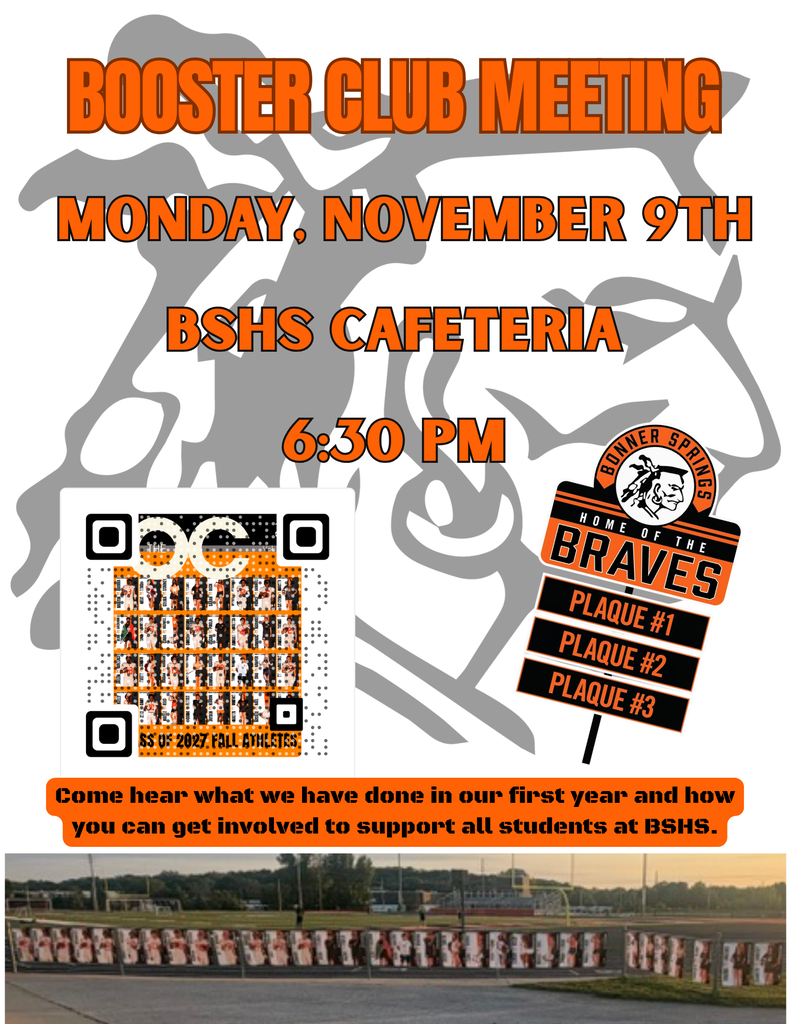 Flyer with title "Booster Club Meeting" and "BHS Cafeteria" on a black background. QR codes below.