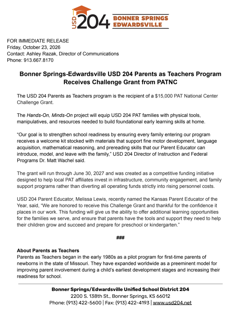 Document with header "Bonnet Springs-Edwardsville USD 204 Parents as Teachers Program Receives Challenge Grant as Teachers" and text explaining the grant.