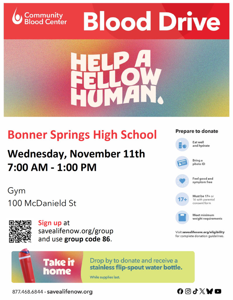 Red and white poster with "Blood Drive" in large letters. Text "Help a Fellow Human" below. Details on location, date, and time. QR code on left.