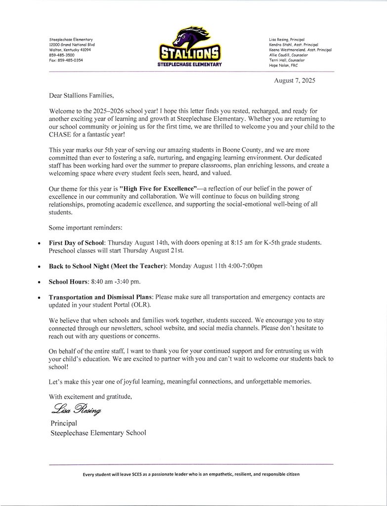 Opening Day Parent Letter