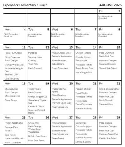 August 2025 lunch menu