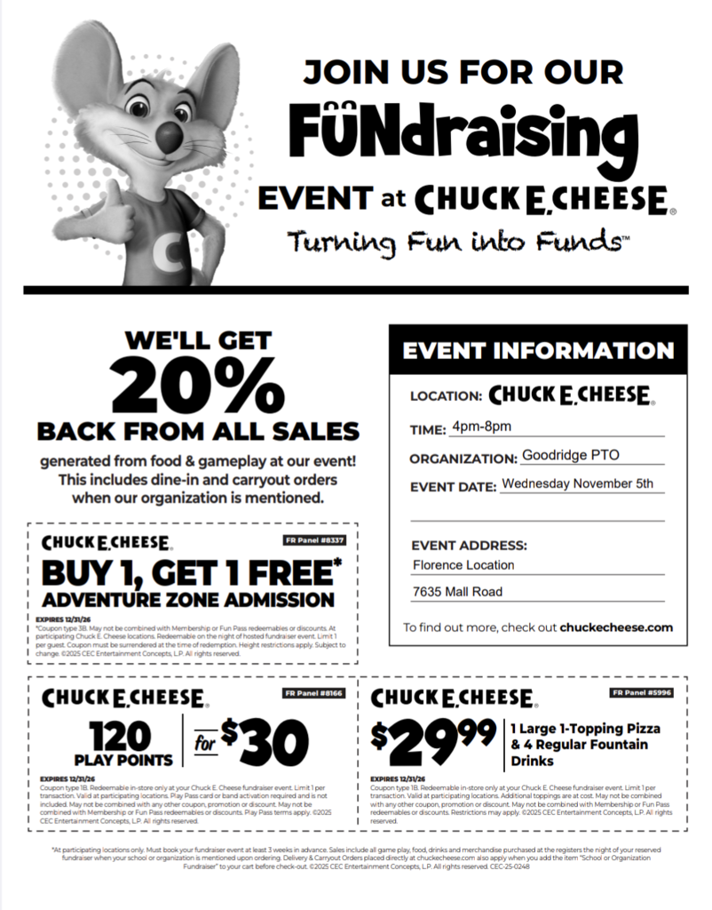 Chuck E Cheese night 11/5 from 4-8PM Coupon page