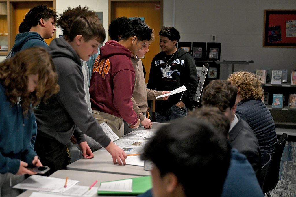 students working around table