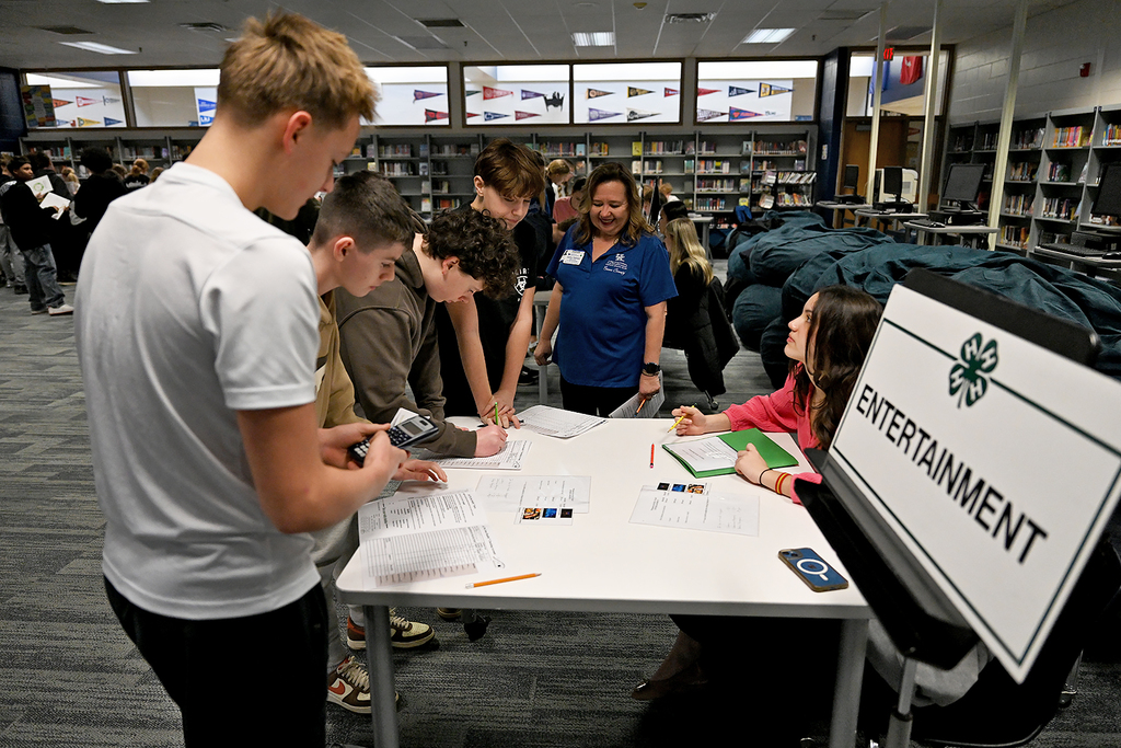 students working around table