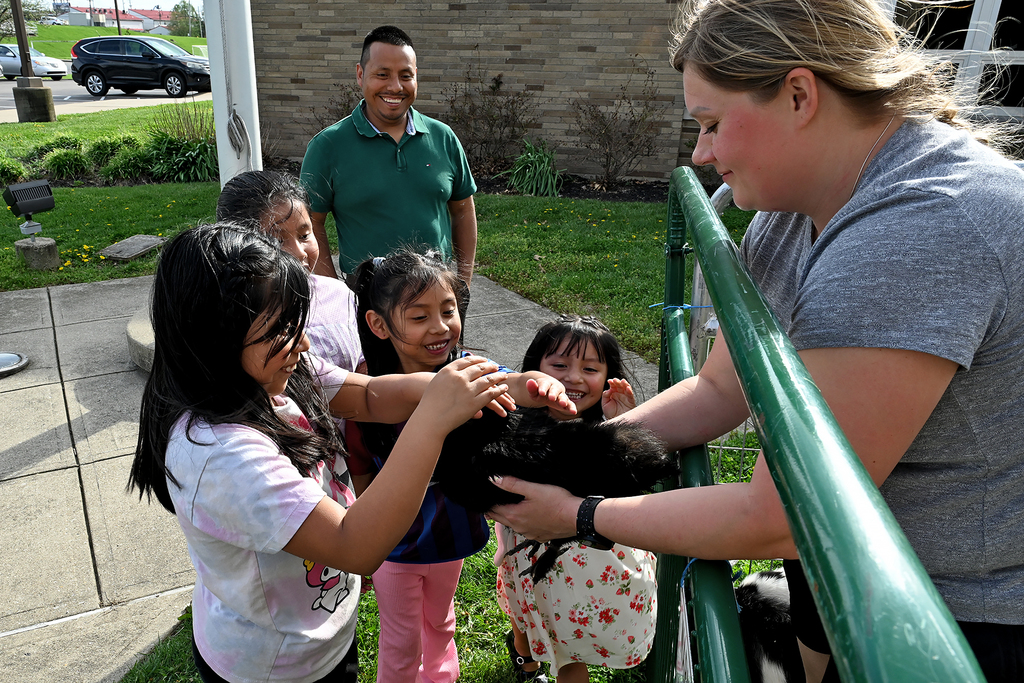 kids petting a chicken