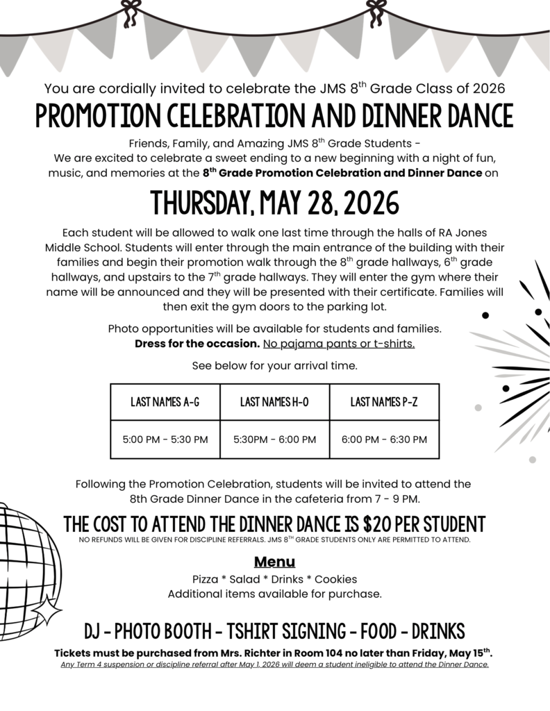 Flyer for Promotion Celebration for 8th Graders on May 28, 2026