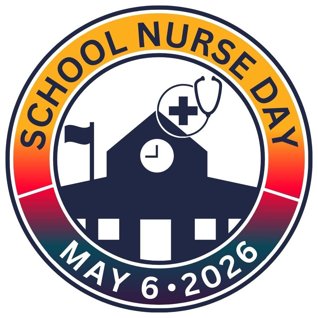 Circular logo featuring a school building with a clock tower, a flag, and a stethoscope above it. Text reads "SCHOOL NURSE DAY" and "MAY 6, 2026."