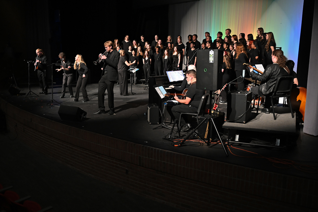 A performance with musicians and singers on a stage. Some play instruments, and others stand behind a multicolored screen.