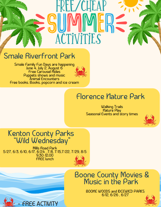A flyer lists summer activities, including family fun days at Smale Riverfront Park and wild Wednesdays at Kenton County Parks.