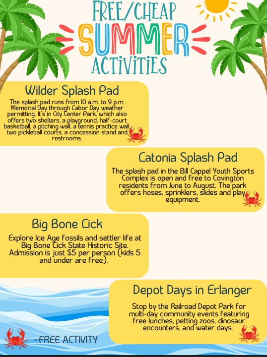 Bright poster with palm trees and sun. Text lists free/cheap summer activities. Locations and times for each activity.