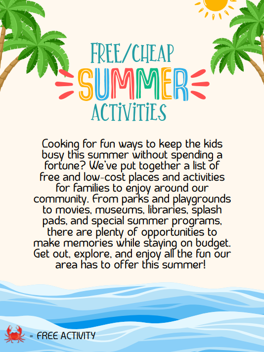 An advertisement poster features text, sun, palm trees, and a wavy blue line, promoting free/cheap summer activities.