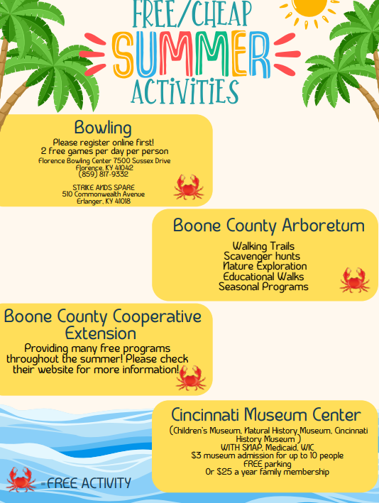 Poster lists summer activities. It includes bowling, Boone County Arboretum, Boone County Cooperative Extension.