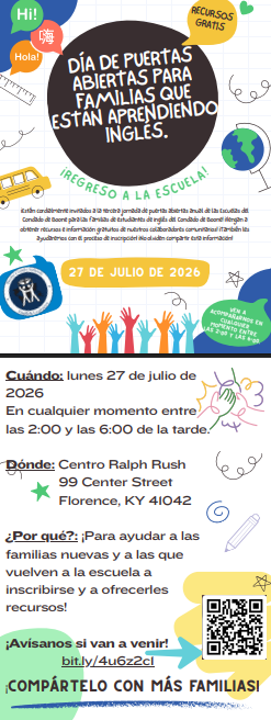 Flyer in Spanish with English translation below, advertising a "Day of Open Doors for Families Learning English." It lists the date as July 27, 2026.