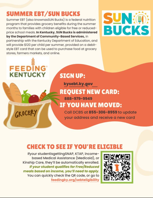 A poster shows a bag of groceries and a QR code. Text reads, "Summer EBT/SUN Bucks," "Sign up at kysebt.ky.gov," and "Check to see if you're eligible."