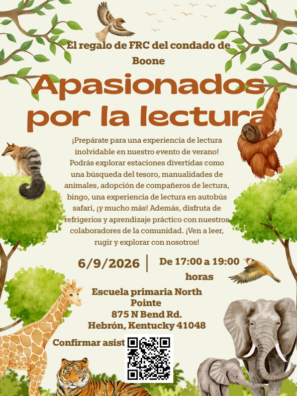 A poster with a green background, animals, and a QR code. It says "Apasionados por la lectura" and lists a date and time.