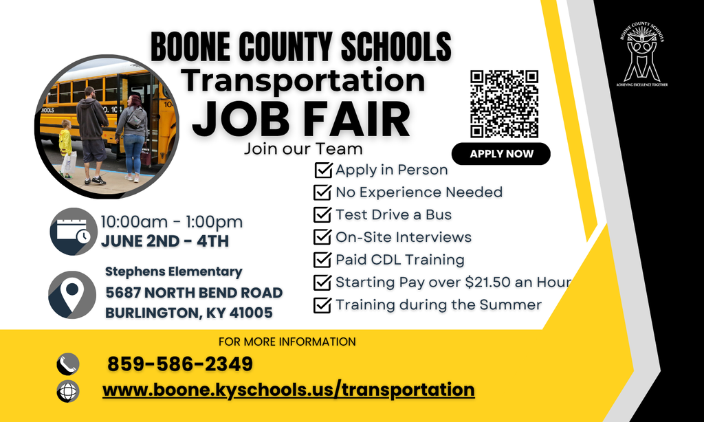 An advertisement for the Boone County Schools Transportation Job Fair includes details such as location, dates, and benefits.