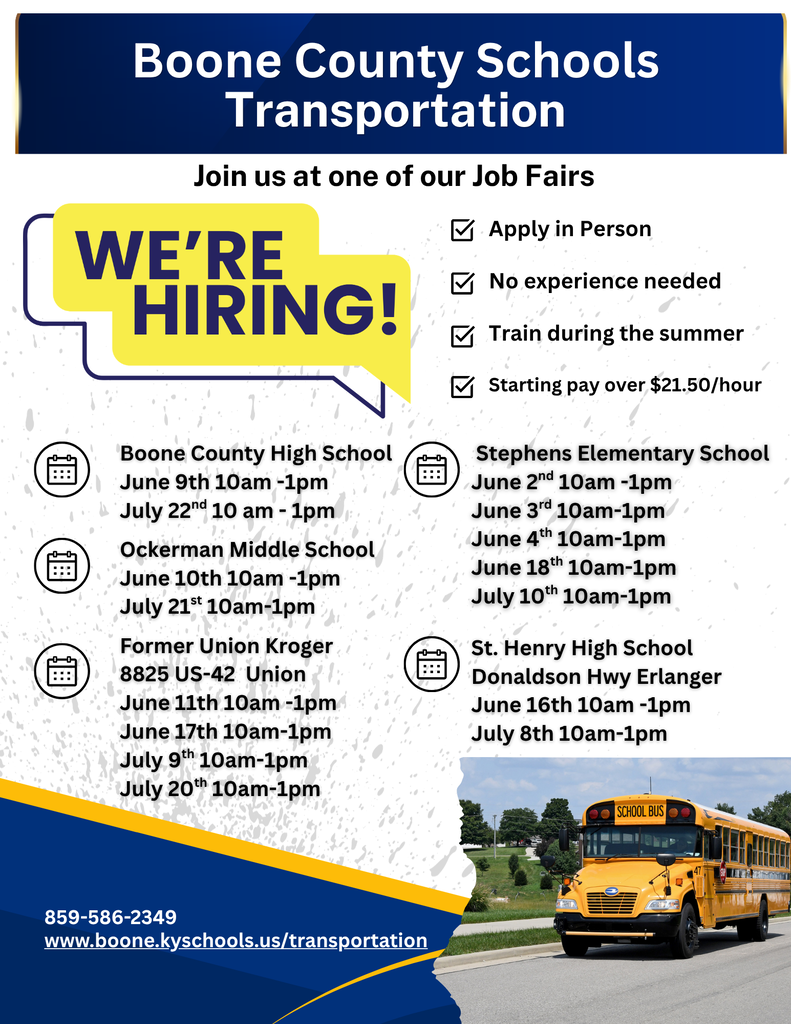 Blue and white poster. "Boone County Schools Transportation" at top. "We're hiring!" in yellow bubble. Job fair details below. Bus image.