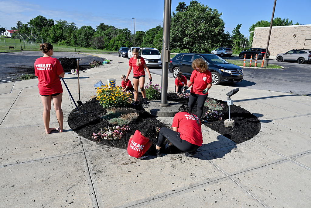 Group of people in red t-shirts planting flowers on a circular patch of dirt on a sidewalk.
