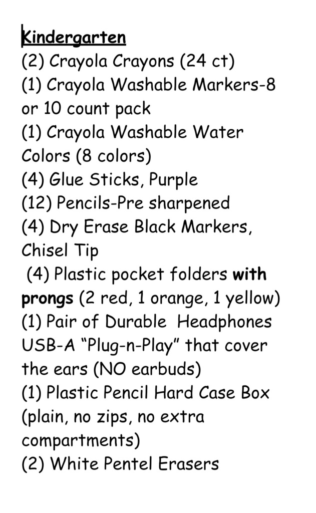 kindergarten supply list 
